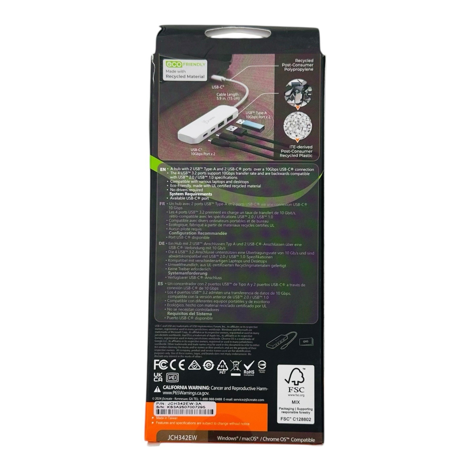 j5create Eco-Friendly USB-C to 4-Port Type-C & Type-A Gen 2 Hub -Sealed Box