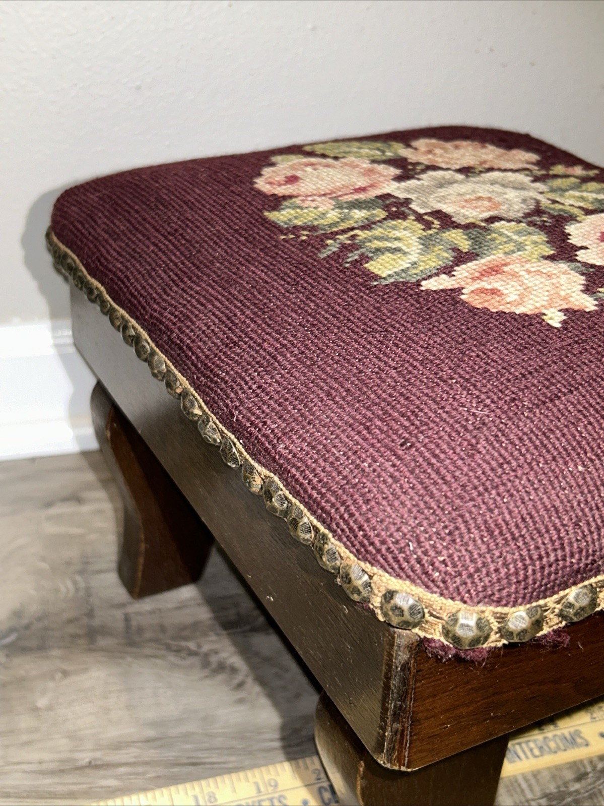 19thC Antique Victorian Stud Accents Footstool Floral Needlepoint Carved Walnut*