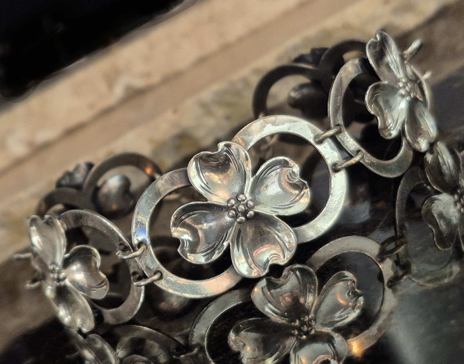 Vintage Estate Sterling Dogwood Panel Bracelet