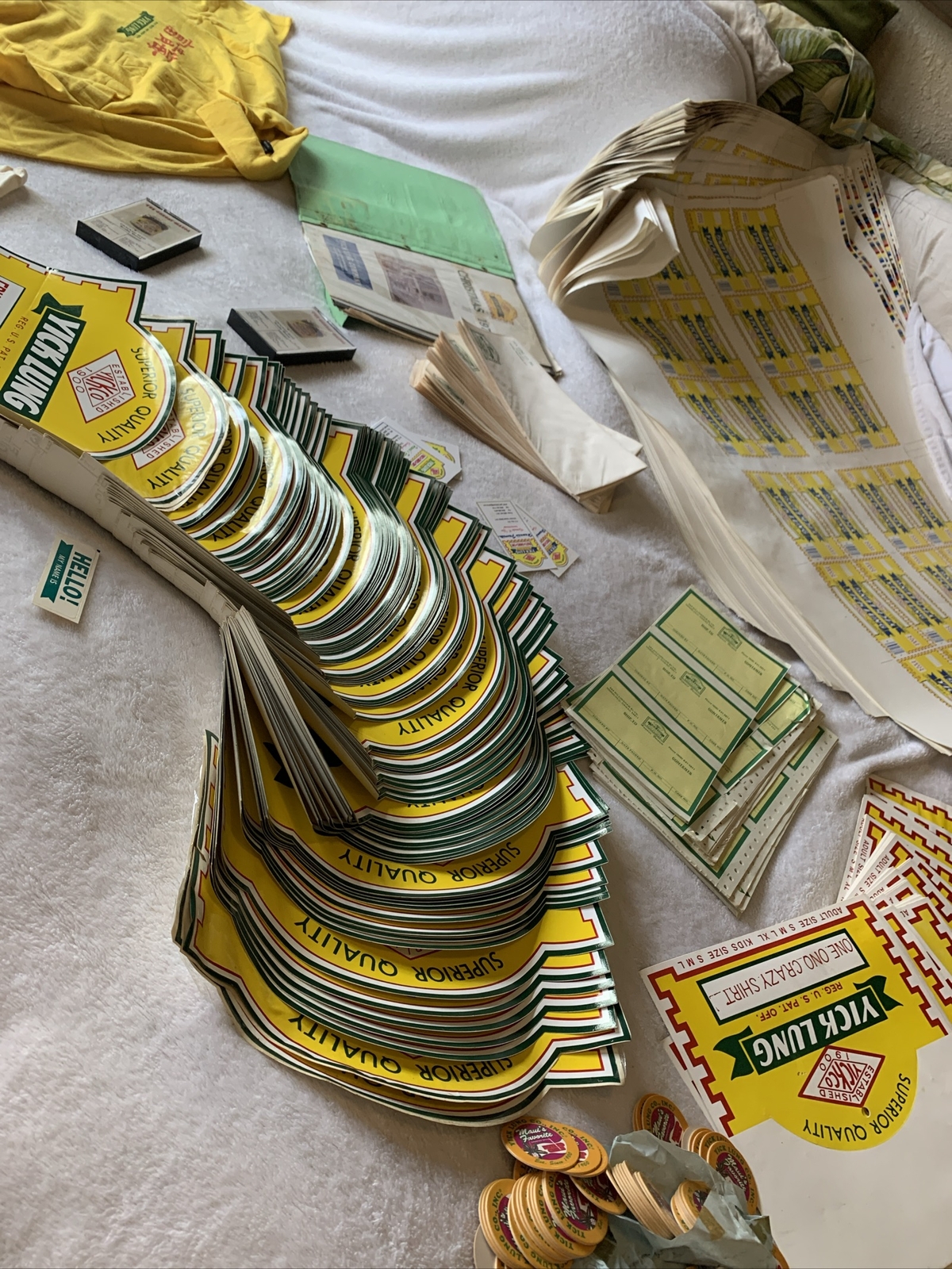 Rare Vintage Hawaii Yick Lung Lot Labels, Shirts, POGS, Decals Etc.