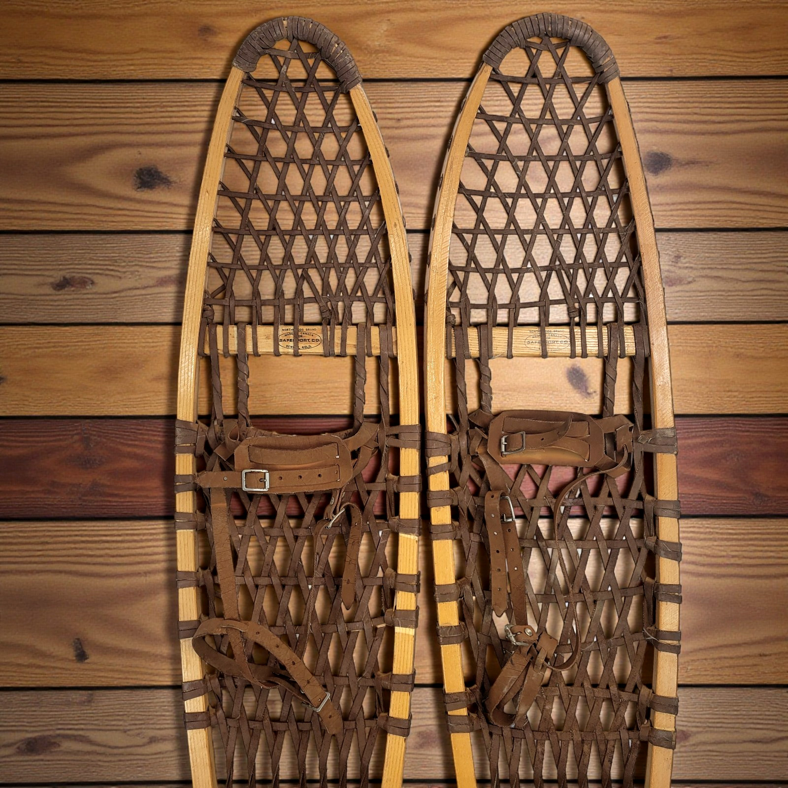 Vintage Snowshoes Northwoods Brand Made In Canada 56" x 10" Safesport Denver CO.