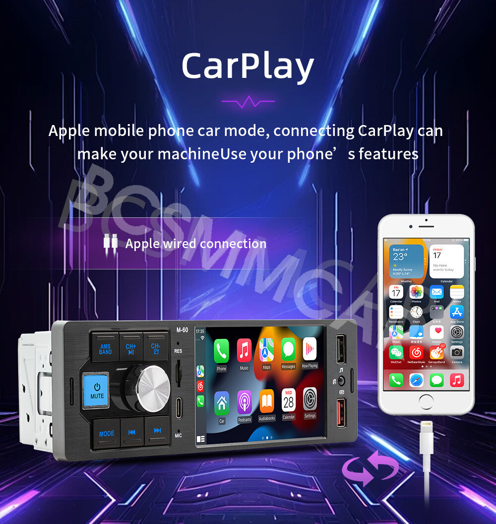 1DIN Car Stereo Player For Apple CarPlay 4.1in Touch Screen BT FM Radio USB AUX