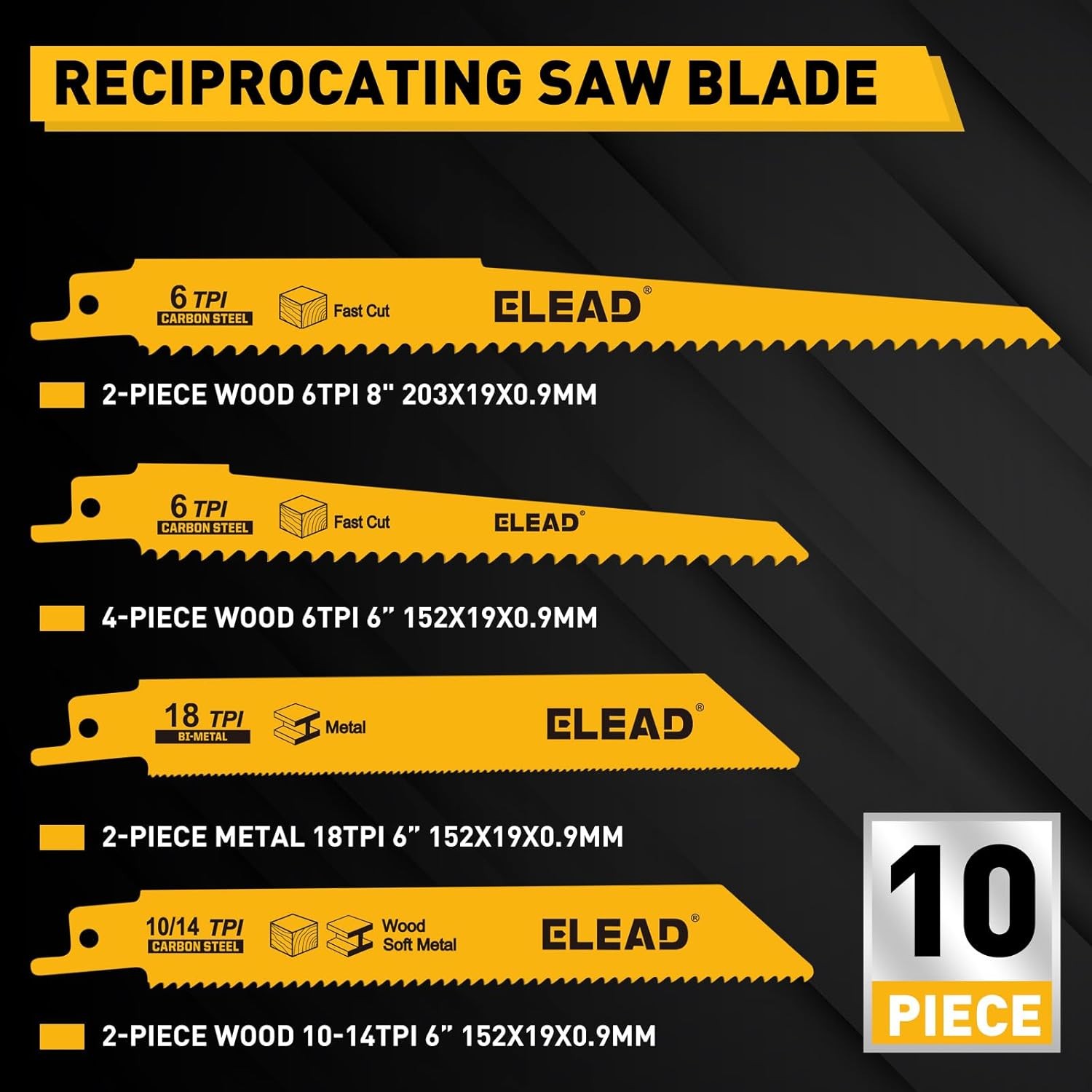 10-Piece Bi-Metal Reciprocating Saw Blade Set, Premium 6 & 8 Inch Wood & Metal C