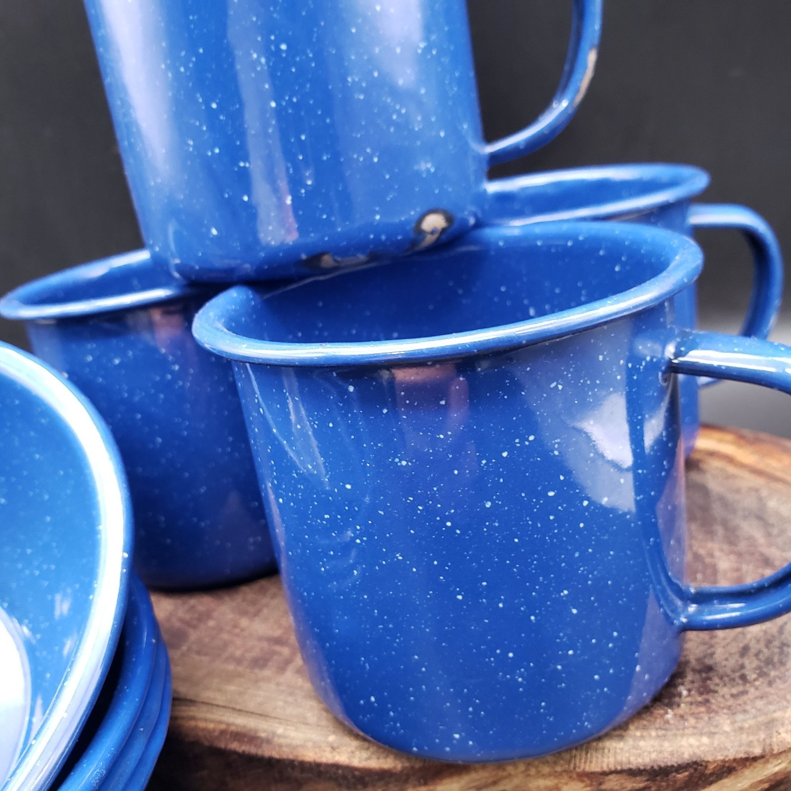 VTG Blue Speckled Enamelware Camp Mug Plate & Bowl Set 12pc Camping Graniteware