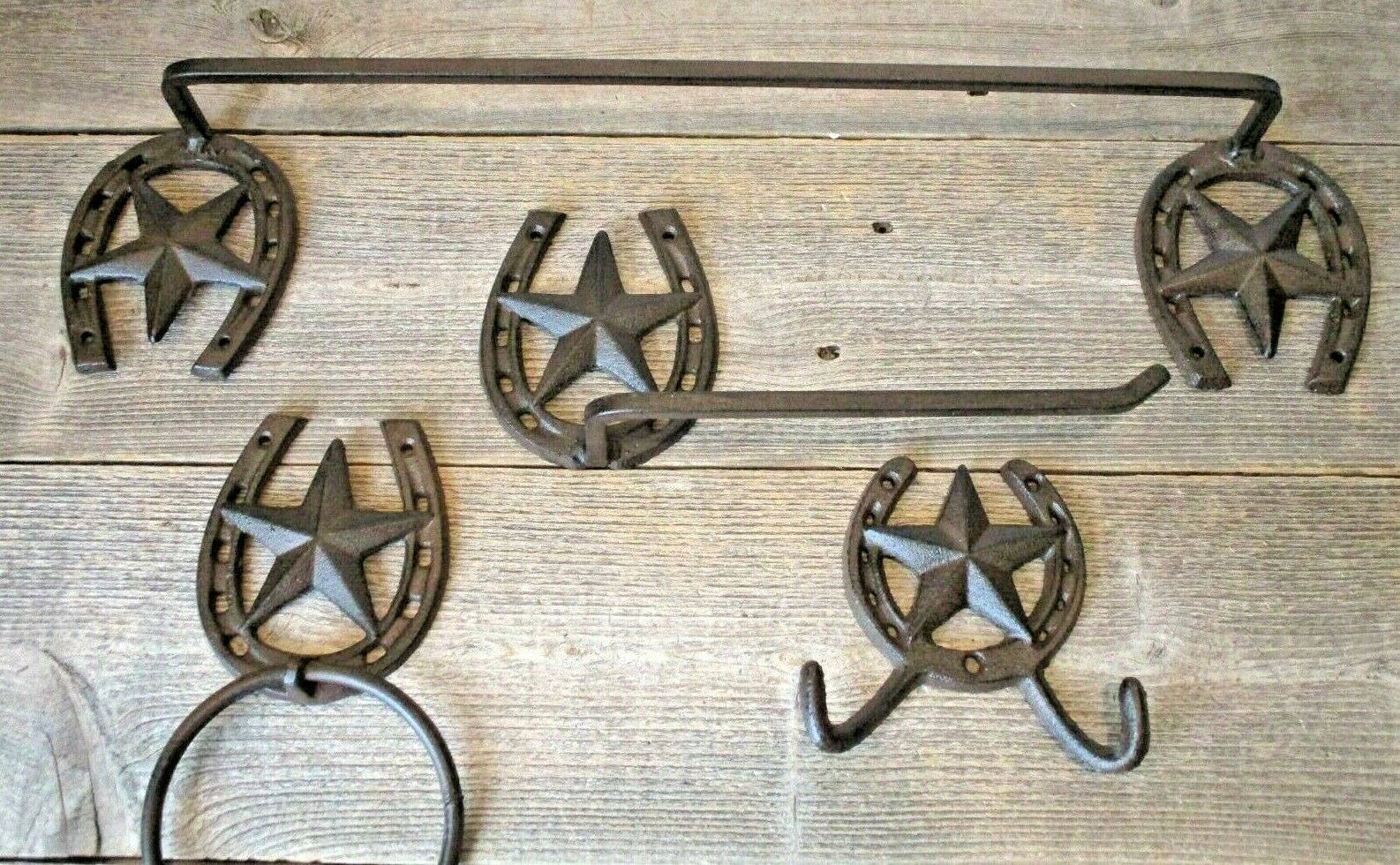 4 PIECE STAR HORSESHOE BATHROOM SET OF 4 RUSTIC WESTERN DECOR HOLDER HOOK TOWEL