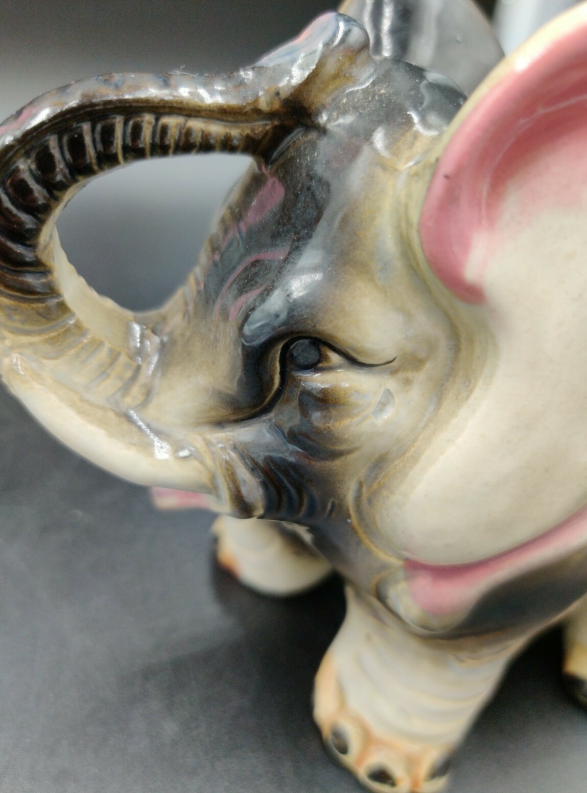 Vintage Wrinkled Ceramic Porcelain Elephant Trunk Up Figurine Good Luck