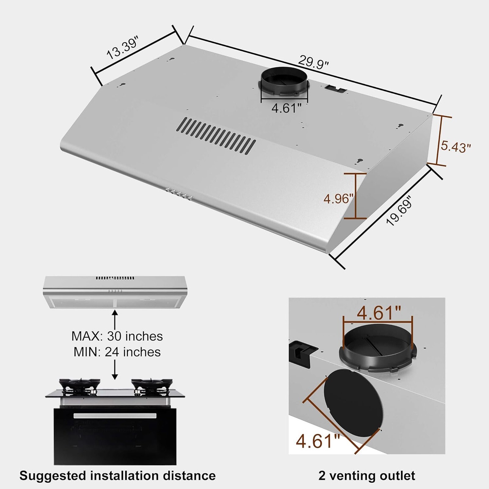 30 inch Under Cabinet Range Hood Ducted/Ductless Stainless Steel 3-Speed Vent