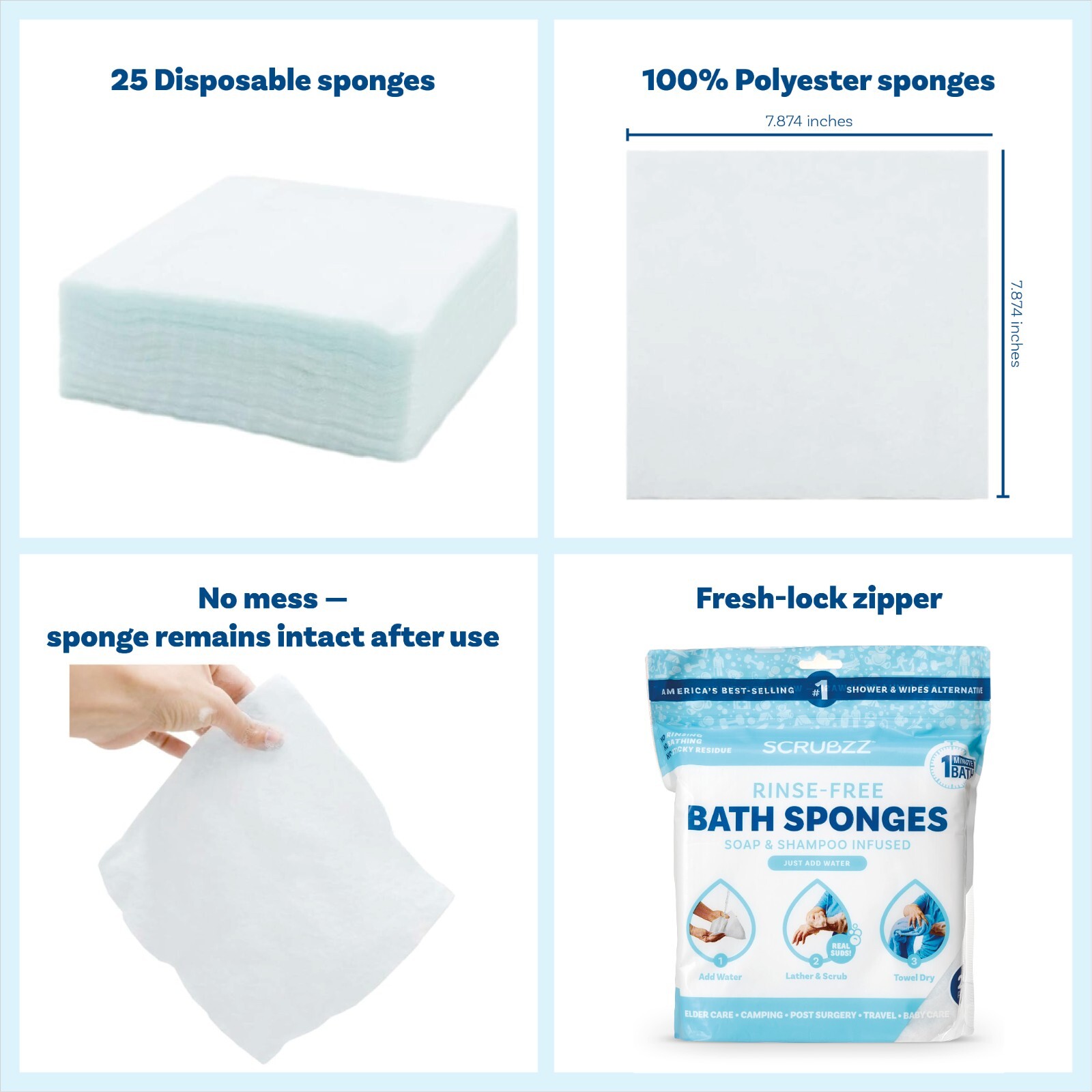 Scrubzz Disposable Rinse Free Bathing Sponges - Unscented, 50 Count
