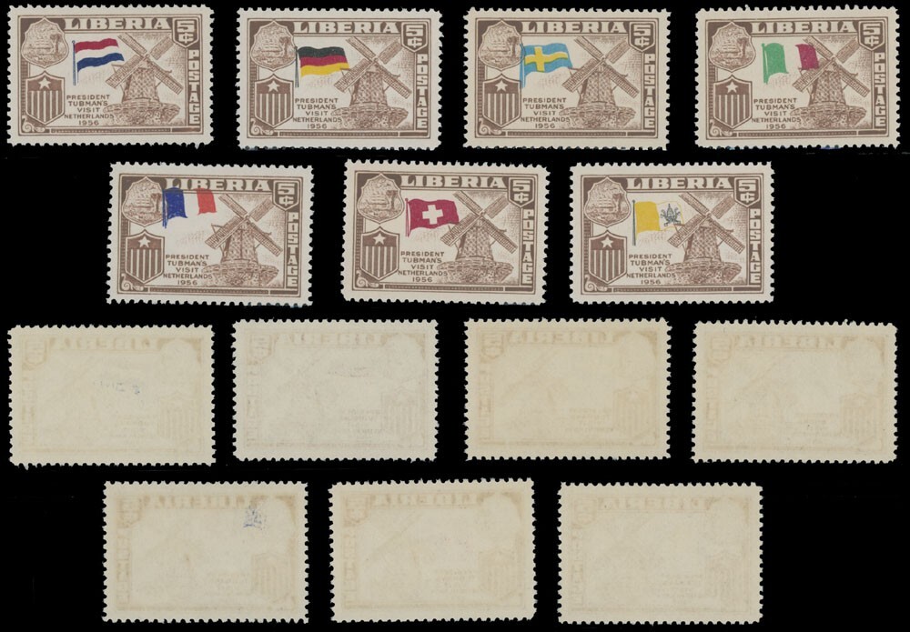 1958 LIBERIA, PRESIDENT'S VISITS 42 PERF STAMPS W/WRONG FLAGS SC#368-70, C114-17