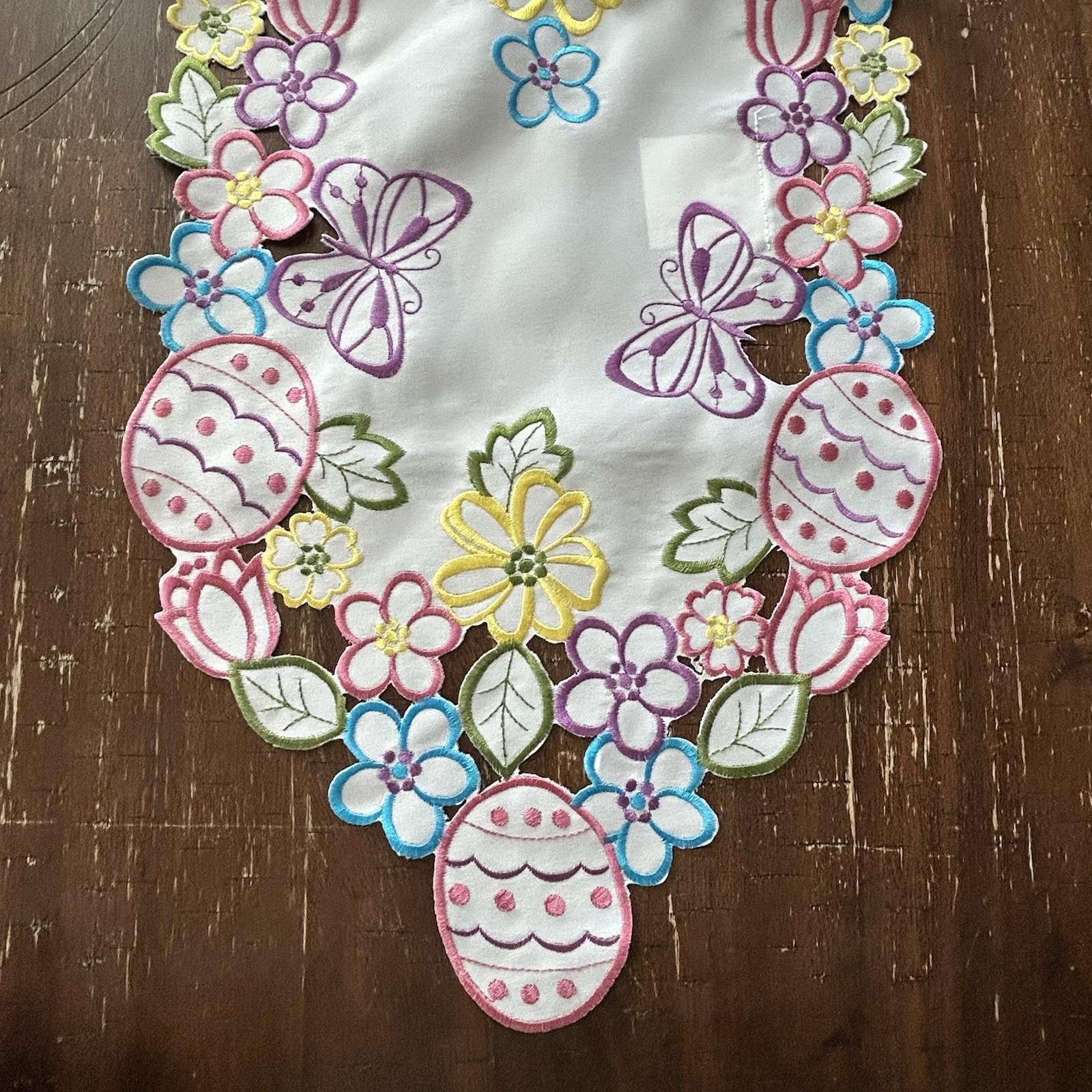 Easter Table Runner 68” Embroidered Cut work Spring Floral Easter Eggs