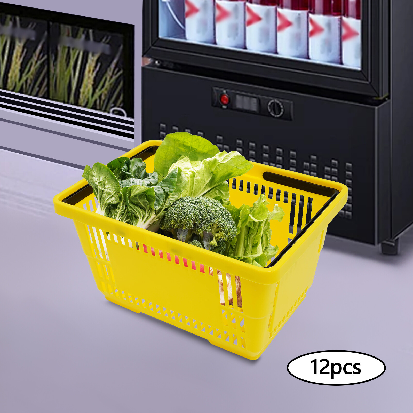 12 Packs 28L Plastic Shopping Baskets with Handles Yellow Store Retail Baskets