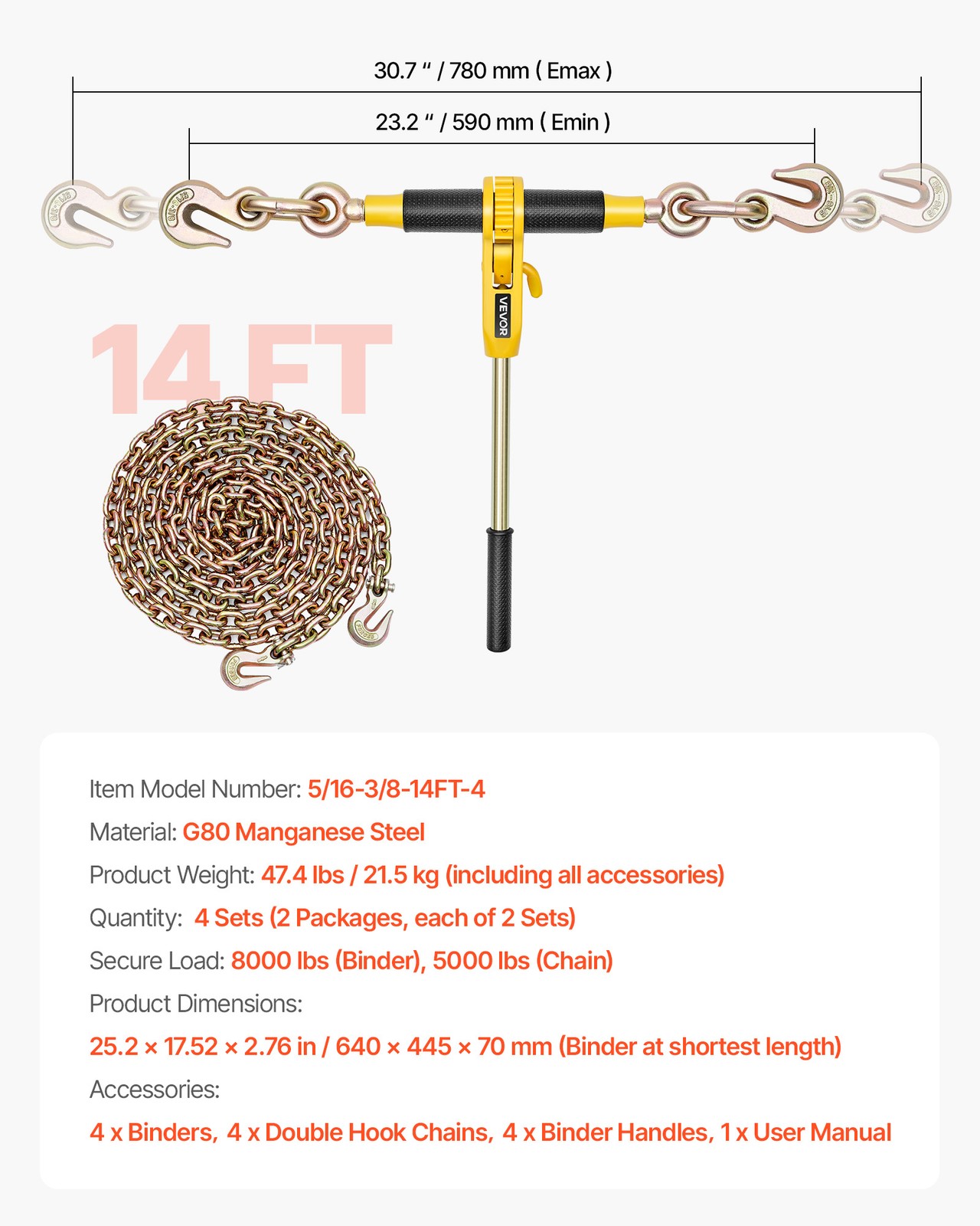 VEVOR 4 Pack Ratchet Chain Binder 5/16"-3/8" G80 Chains Load Binder for Towing