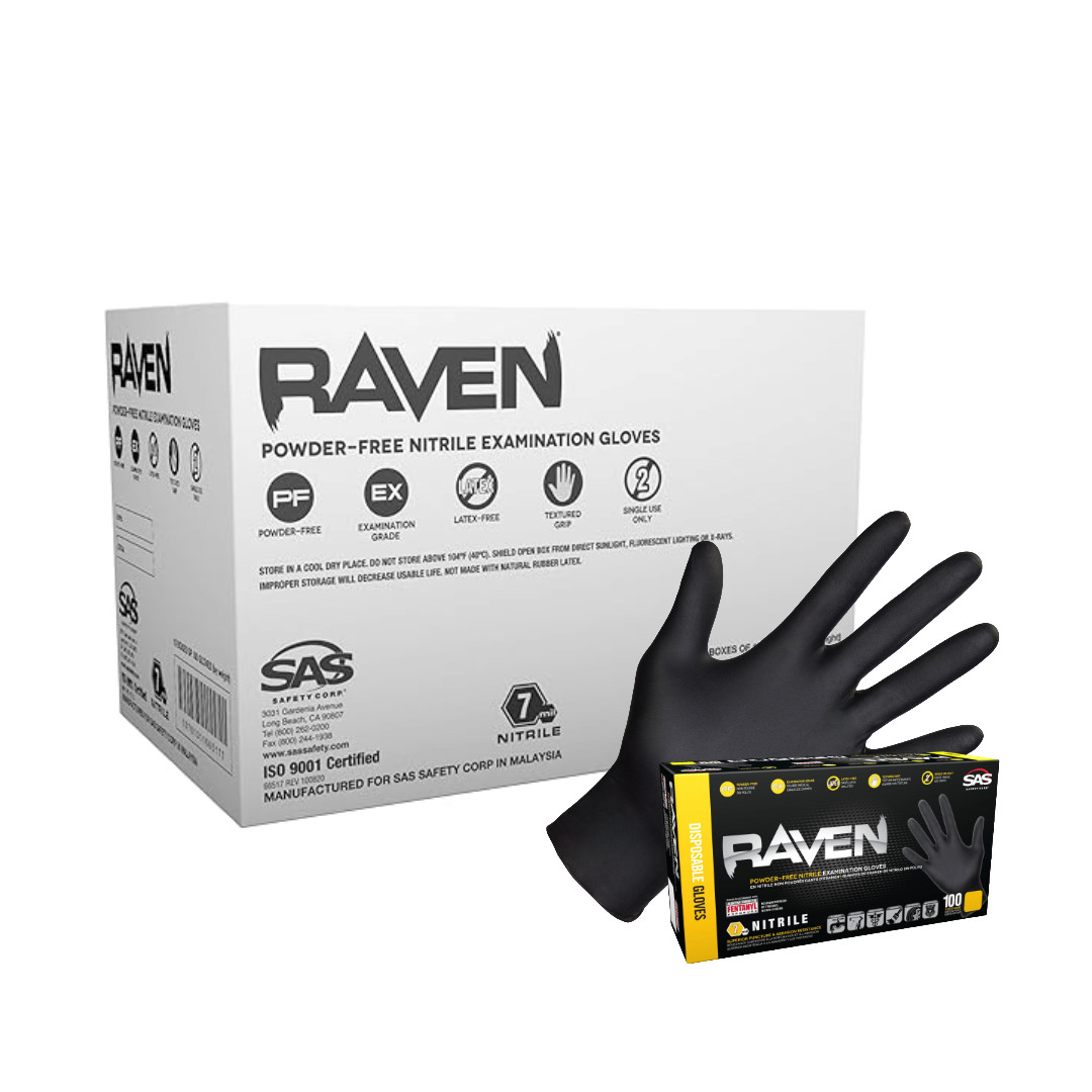 SAS Raven Black Nitrile Gloves Powder Free 7mil Version S-2XL (10/Boxes of 100)