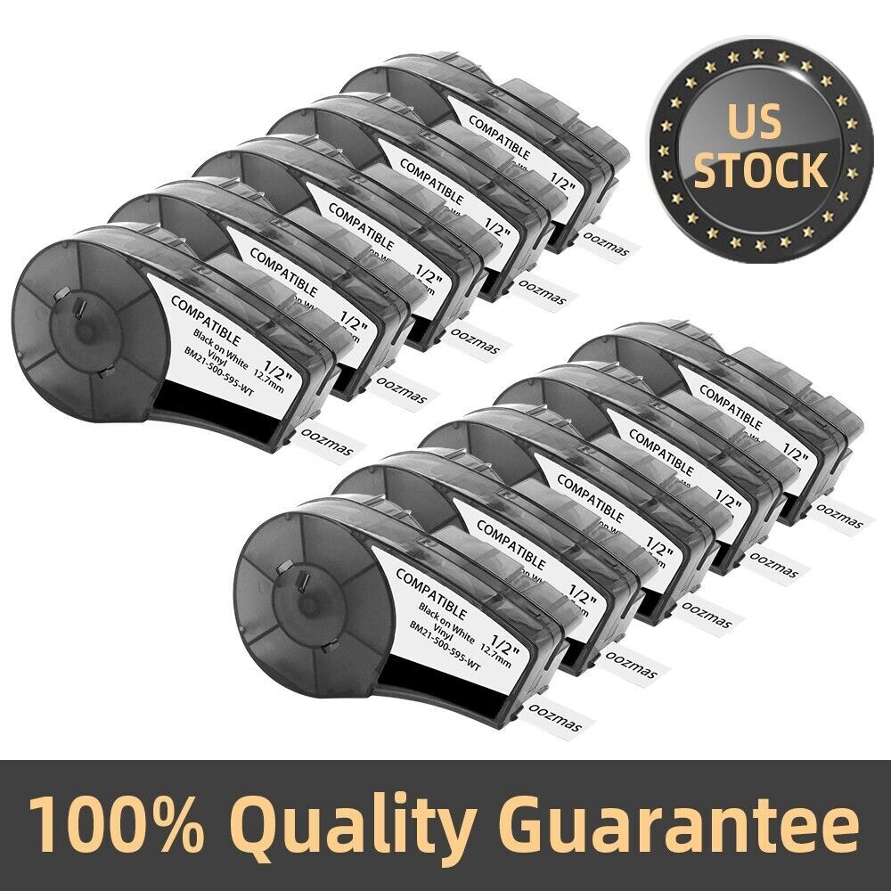 10PK For BMP21-PLUS M21-500-595-WT Label Cartridge Black/White 1/2" x 21