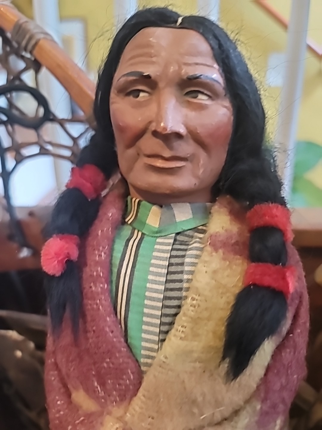 Antique Skookum Doll Early Paint Face Wool Straw Stuffed Mohair Wood Legs 15 1/2