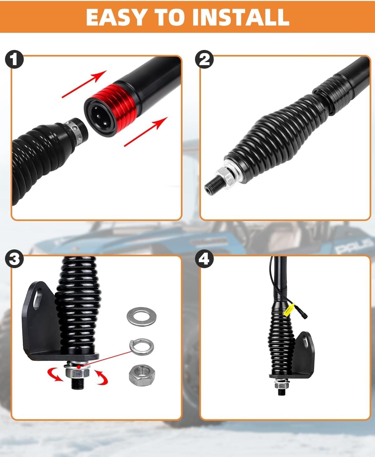 2X LED Spiral Whip Light Spring Base Mount Quick Release Antenna Kit ATV UTV RZR