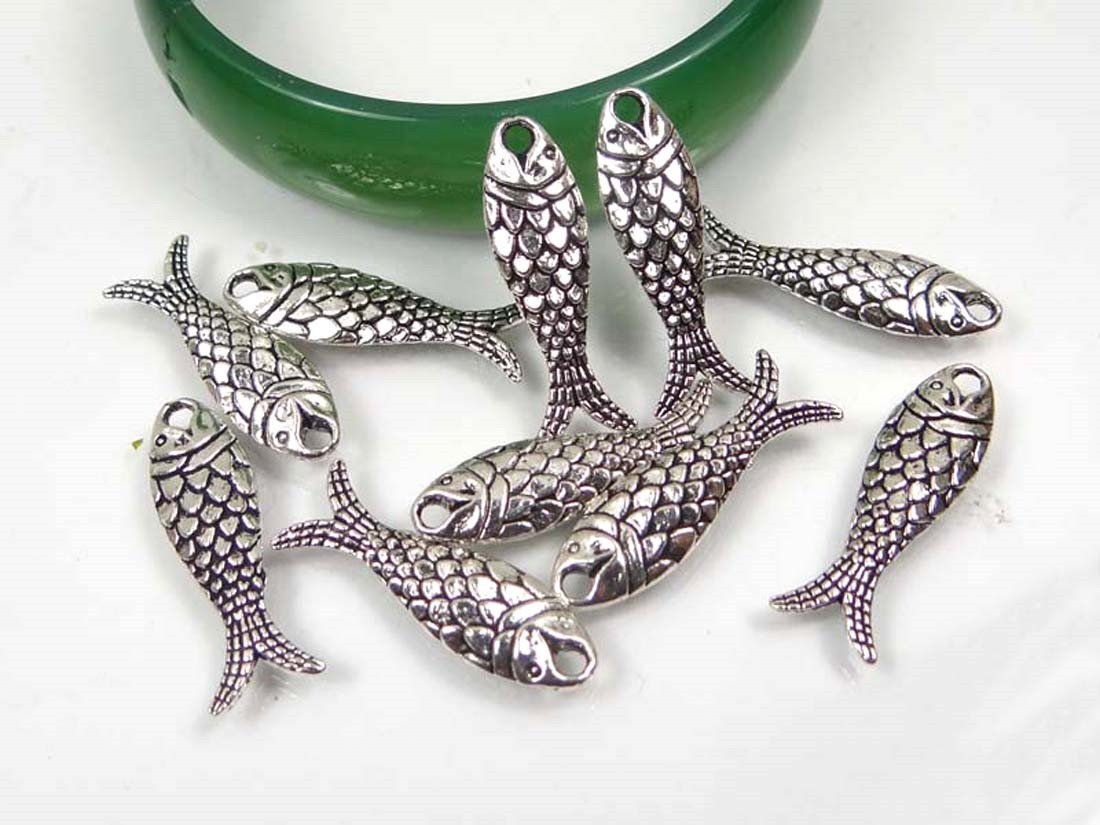 10 Antique Silver Pewter Fish Bead Charms 24x7mm