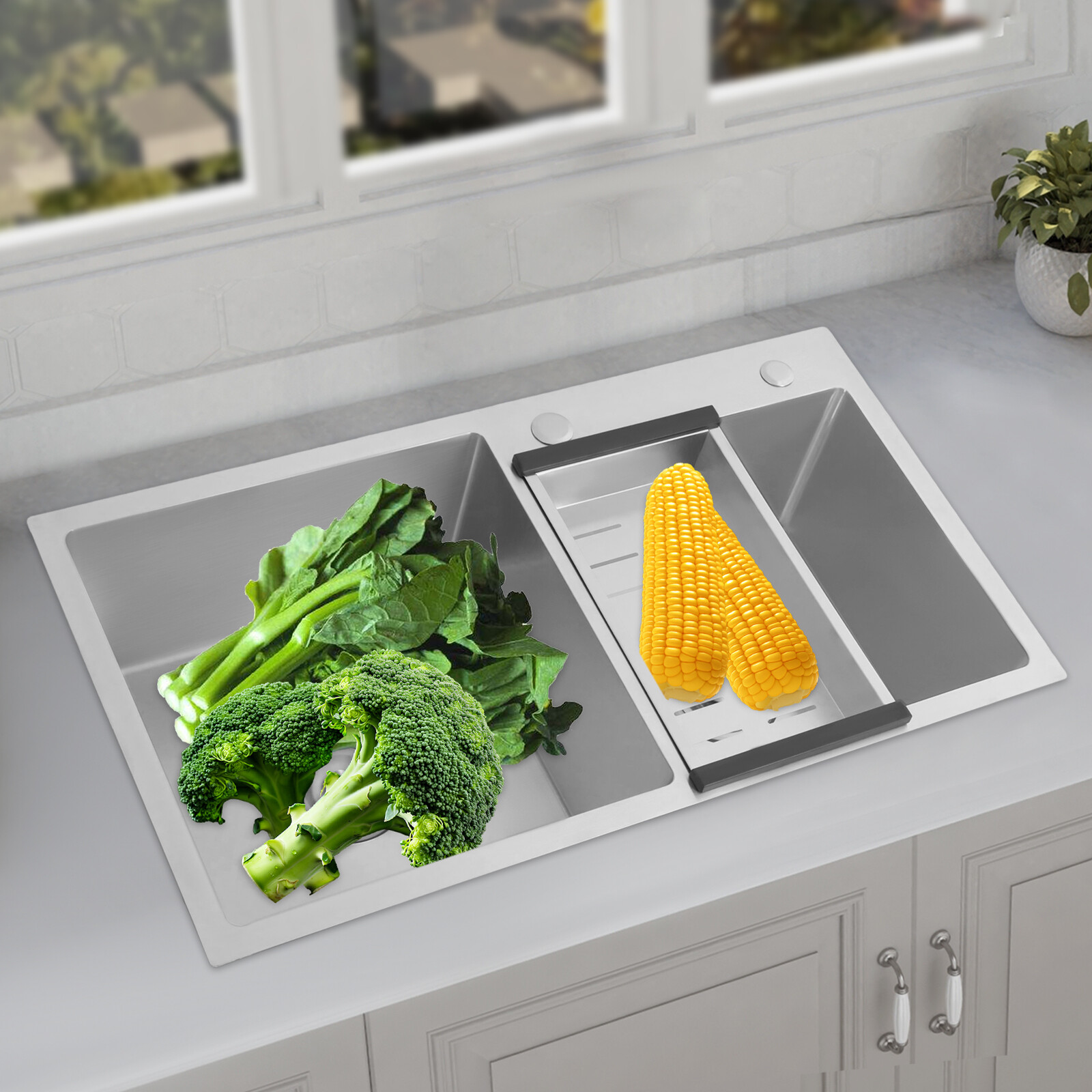 Stainless Steel Kitchen Sink Double Bowl Kitchen Sink with Drain Basket