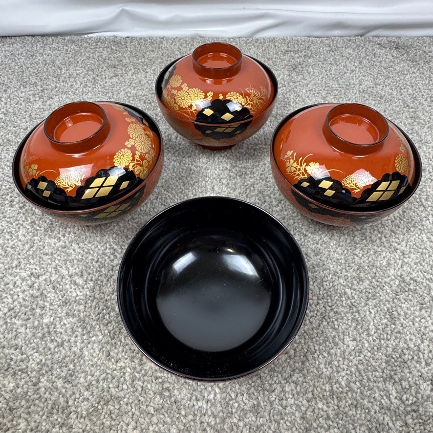 5 Showa Period Wajima-Nuri Owan Serving Bowls 3 Lids & Lacquered Wood Tray Japan