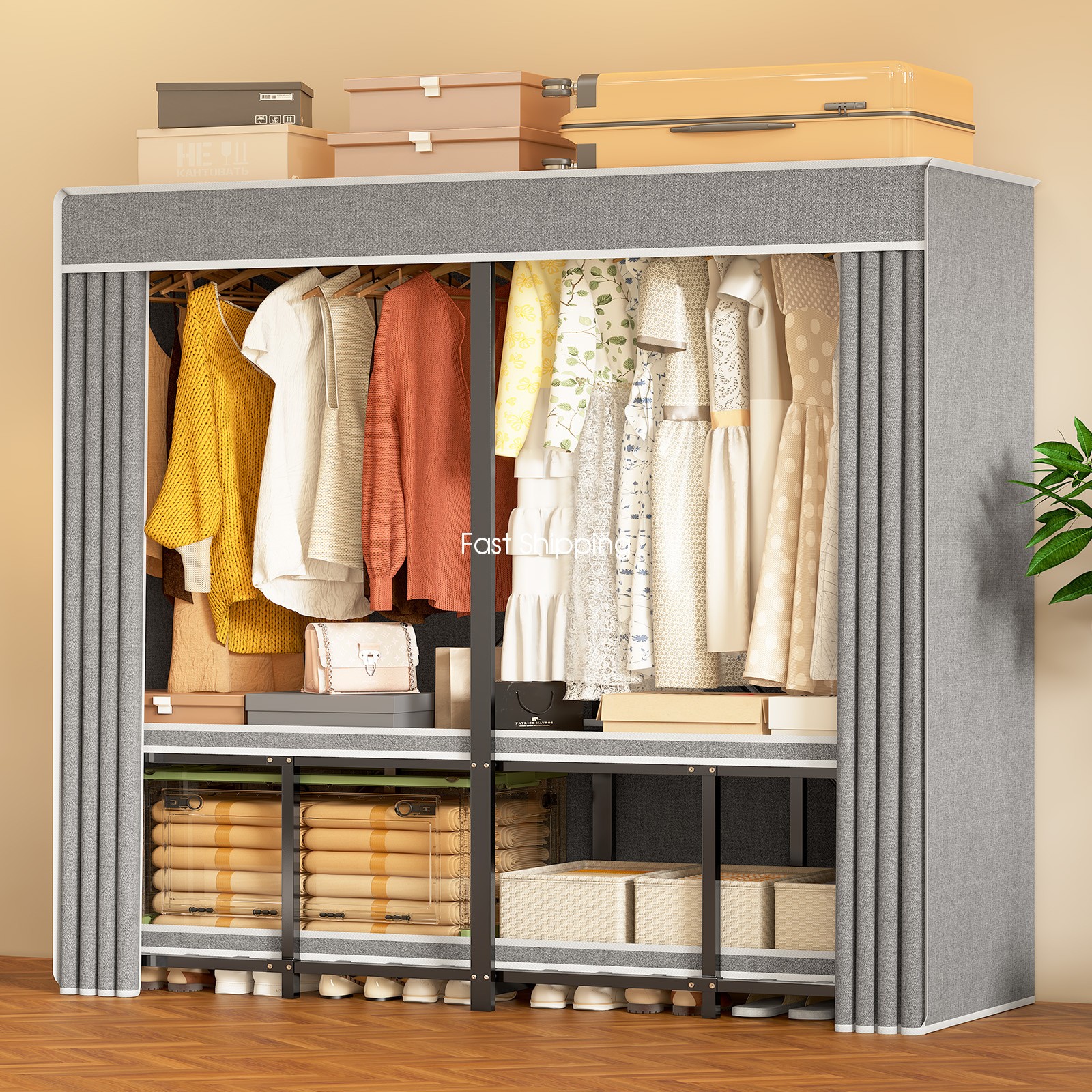 Heavy Duty Portable Metal Closet with Cover Foldable Covered Clothes Rack NEW