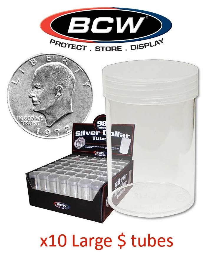 10 Large Dollar Tubes Round Clear Plastic Coin Storage Screw Caps For Morgan BCW