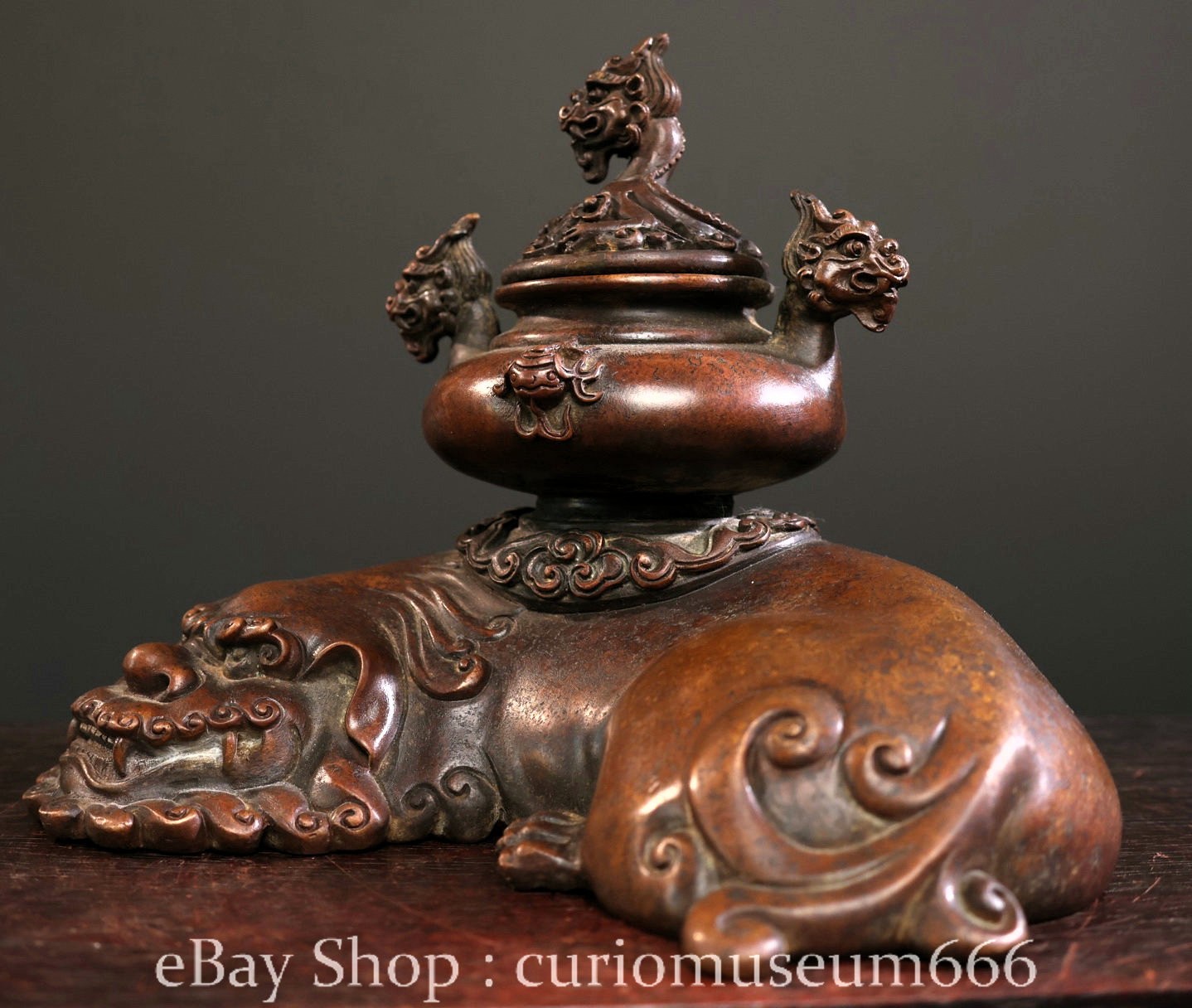 8" Old Chinese Purple Bronze Pixiu Brave Troops Beast Incense Burner Censer