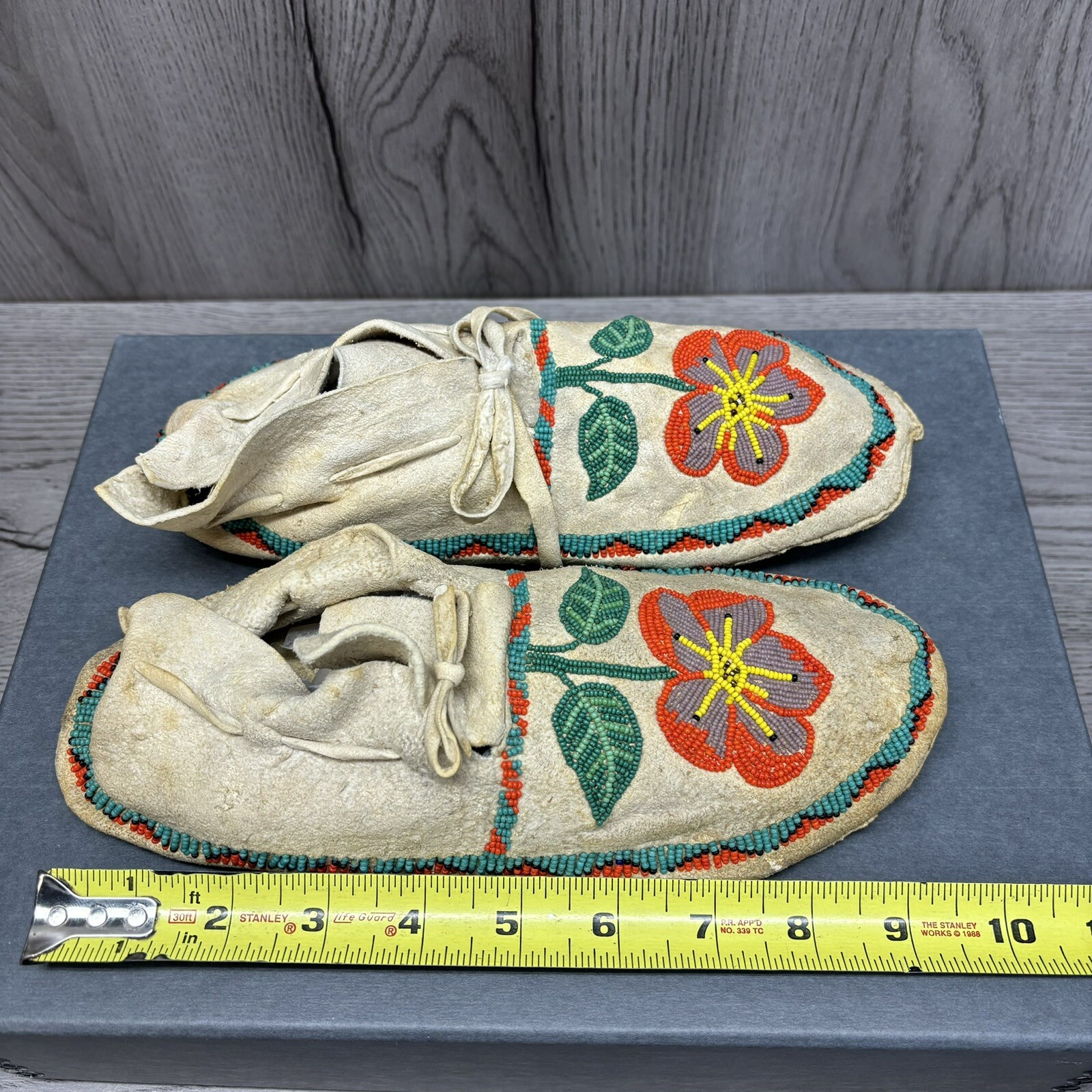 Antique Circa 1900 Northern Plains Beaded Moccasins Teal Orange Flower original