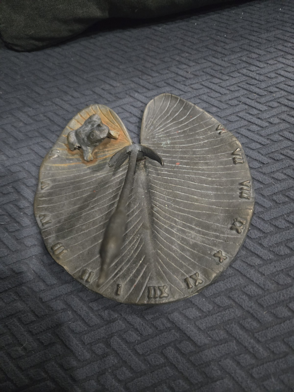 Vintage English Country Iron Garden Sundial with Frog on a Lily Pad