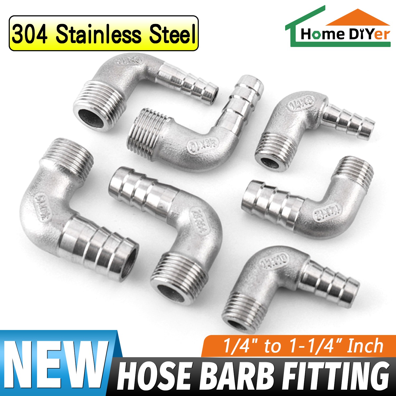 Stainless Steel 90° Elbows Hose Barb Adapter x Male Thread Fittings Hose Nipple