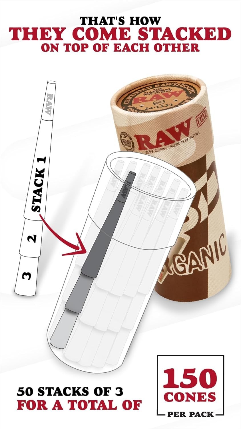 RAW Organic 1 1/4 Size Pre-Rolled Cones | 150 Pack | Slow Burning Papers