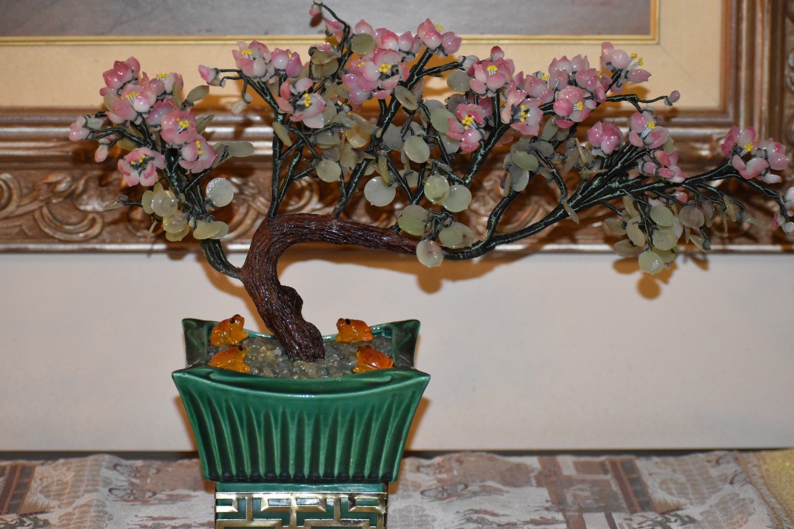 18" VINTAGE 1952 BONSAI PEKING GLASS TREE IN MID-CENTURY  GREEN PLANTER W/ FROGS