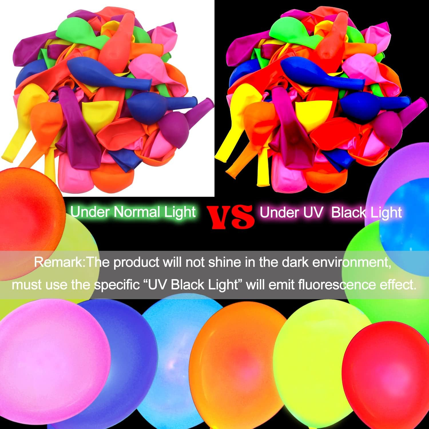 110 Pcs Neon Glow Balloons UV Black Light Party Birthday Fluorescent Decor