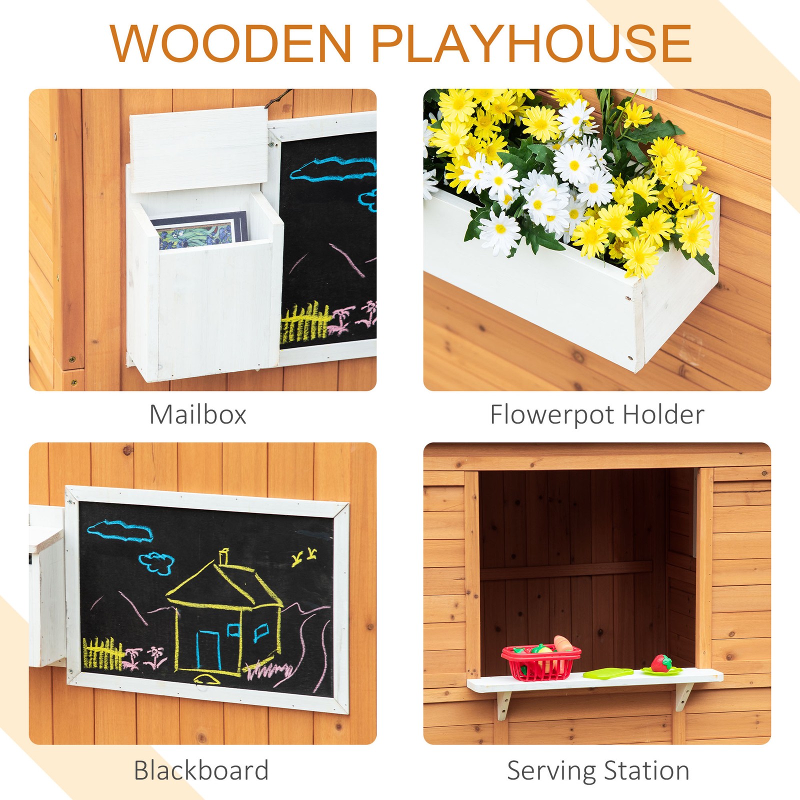 Kids Outdoor Wooden Playhouse Garden Games Cottage with Door Bench Blackboard