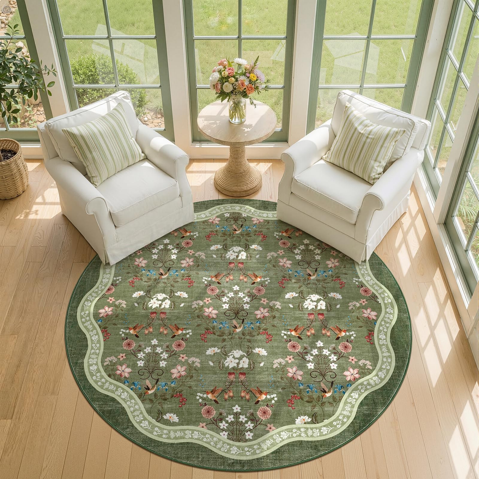 Round Rug 6ft Floral Entryway Soft Washable Kitchen Rug Oriental Non Slip Mat...