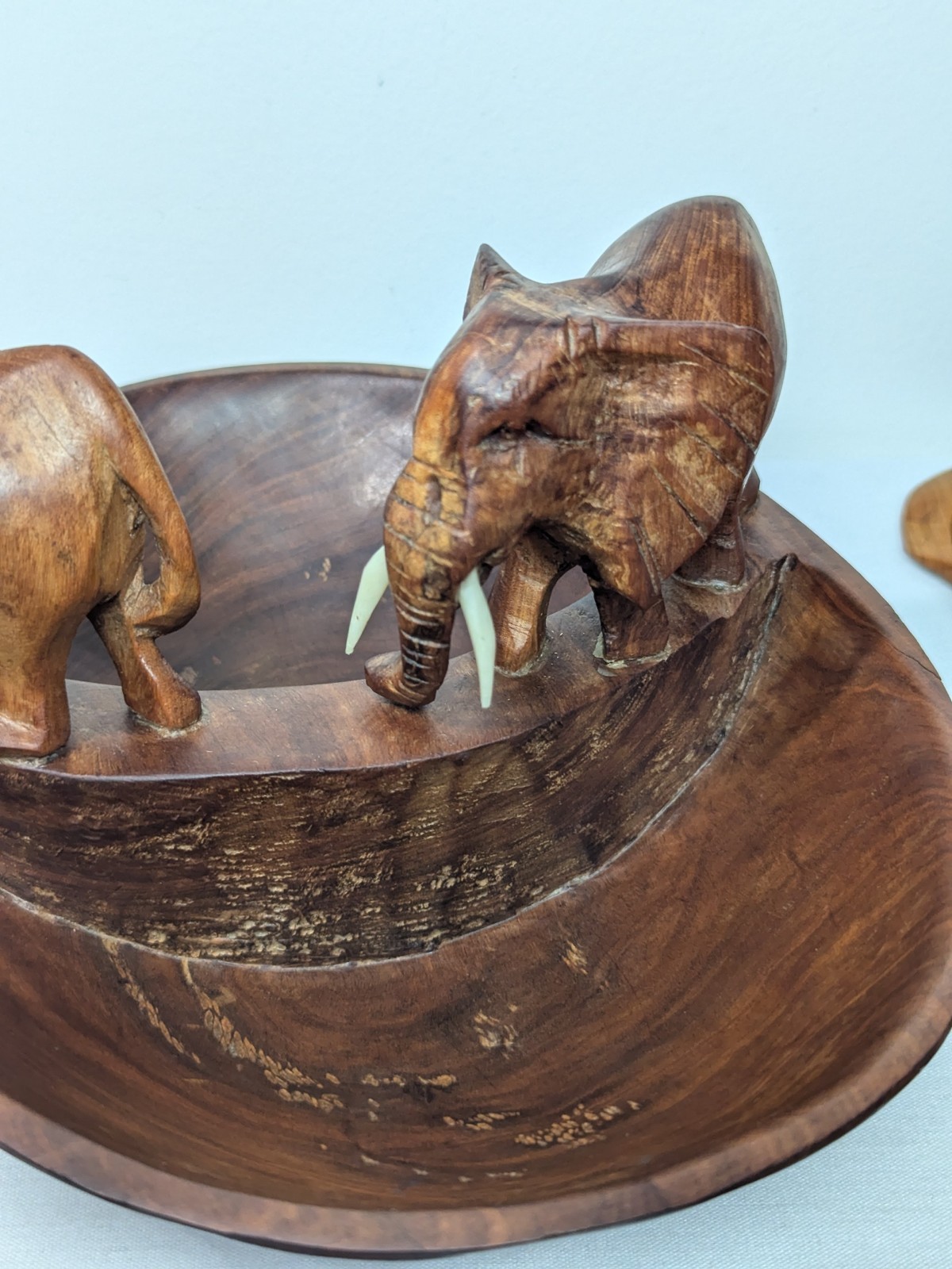 African Hand Made Carved Wooded Elephant Divided Bowl & Animal Serving Utensils