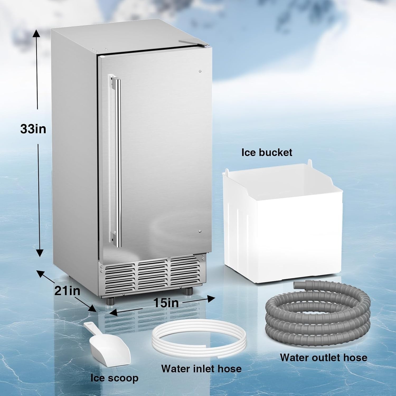 Commercial Under Counter Ice Maker Machine 85Lbs/Day Ice Maker 33lbs Ice Storage