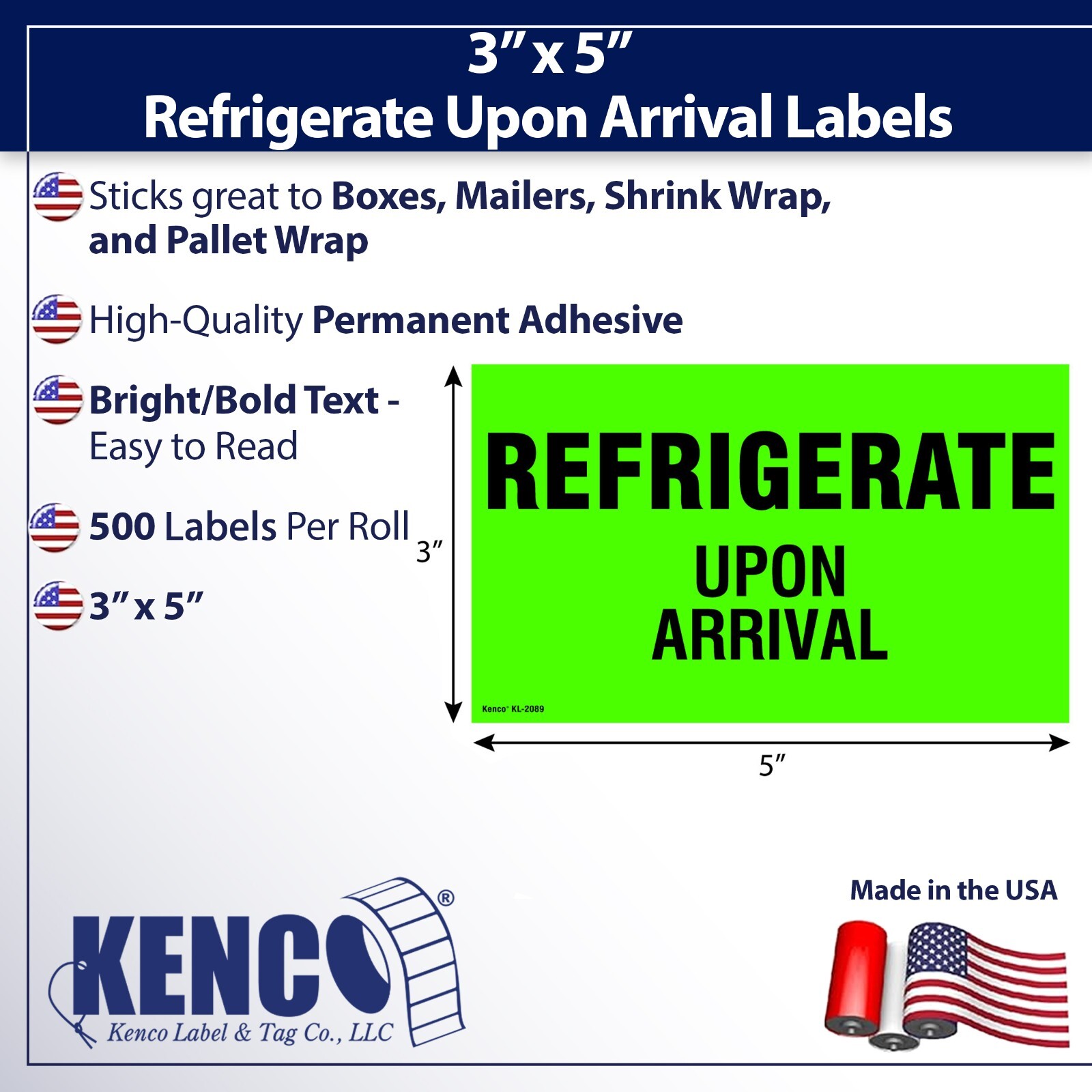 5" x 3" REFRIGERATE UPON ARRIVAL Handling Stickers, Shipping Labels - 1500pc