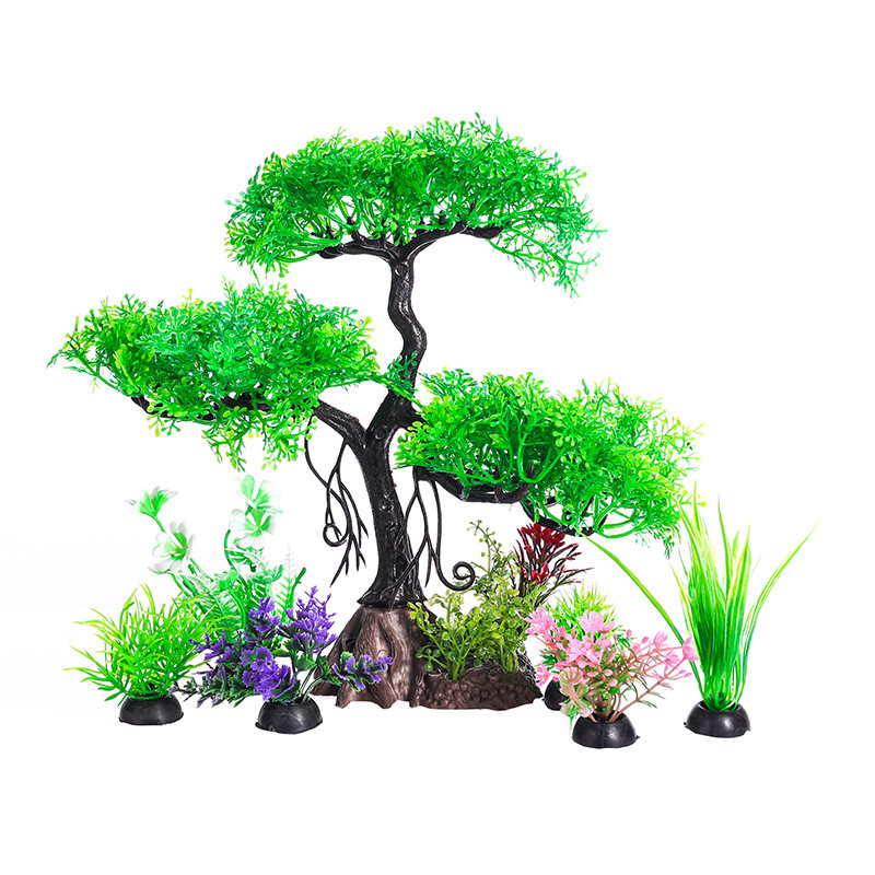 Aquarium Artificial Plants Cherry Blossom Tree & Grass Fish Tank Decor Set Kit