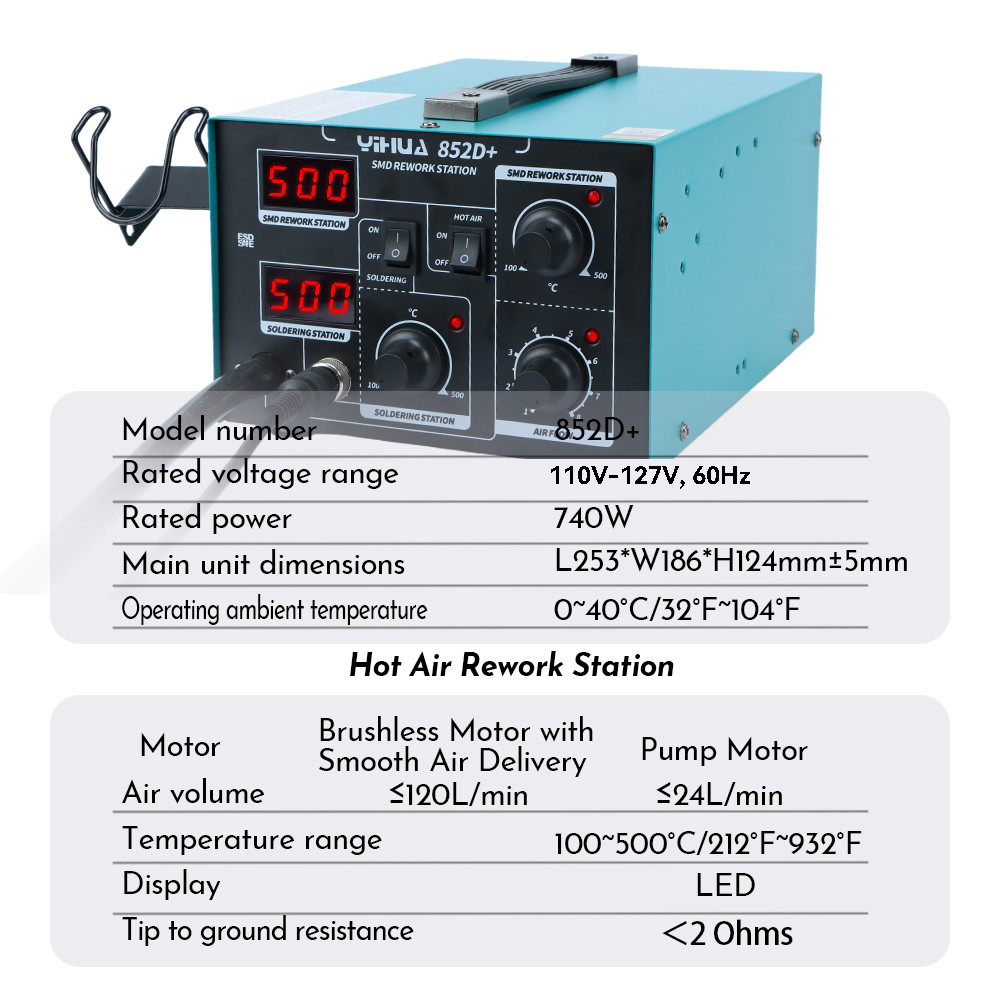 YIHUA 852D+ Air Pump Hot Air Rework Station Digital Soldering Station Kit