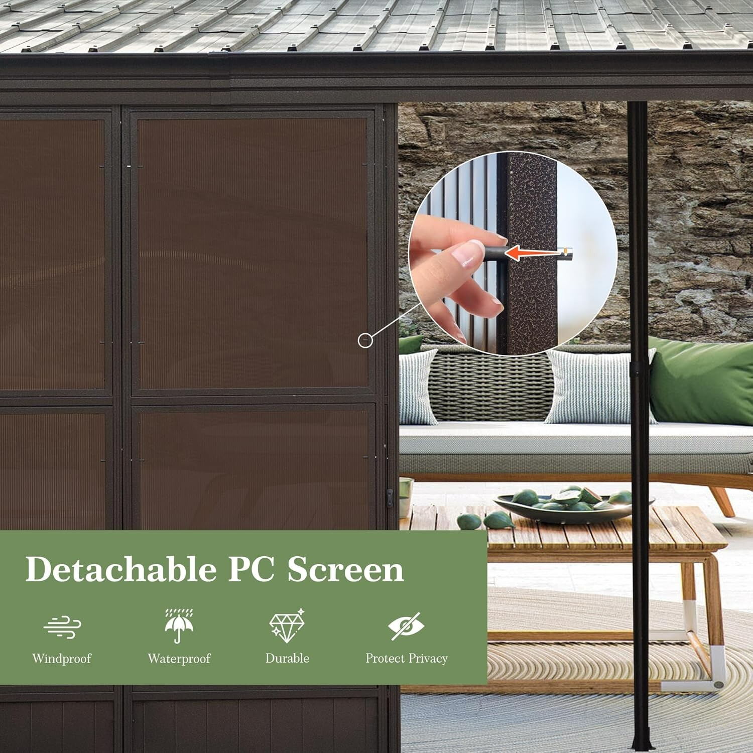 Domi 12x20FT Wall-Mounted Sunroom Gazebo, Steel Roof, Moveable PC Screen, Patio