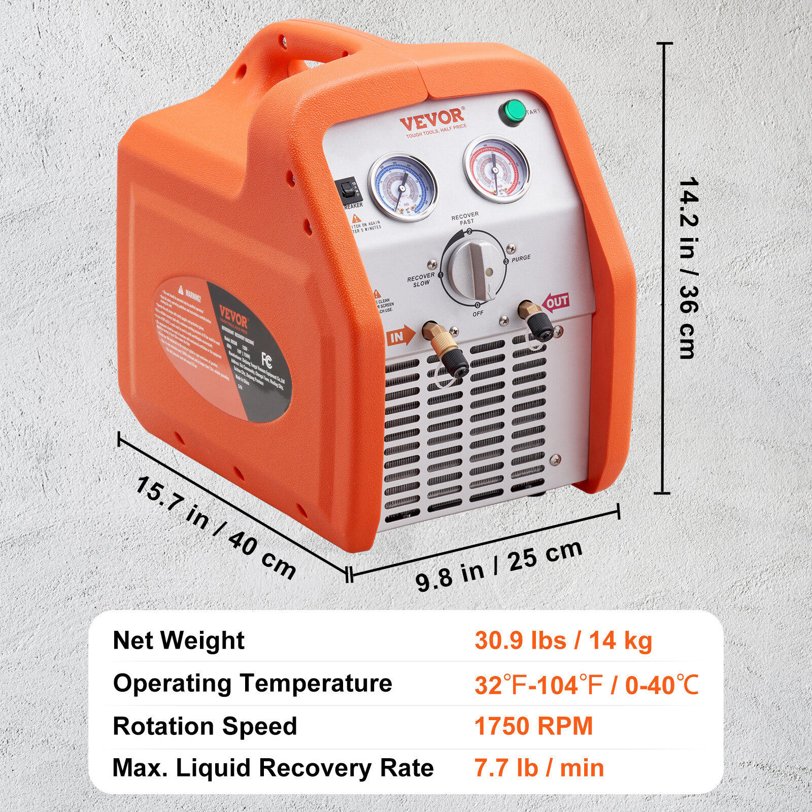 VEVOR Refrigerant Recovery Machine 1 HP Dual Cylinder AC HVAC Recycling Tool