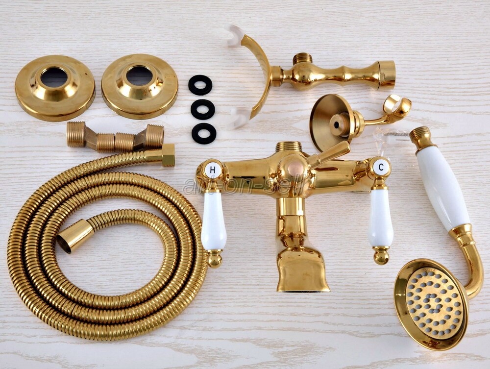Gold Color Brass Bathroom Clawfoot Bath Tub Faucet w/ Handheld Shower ana902
