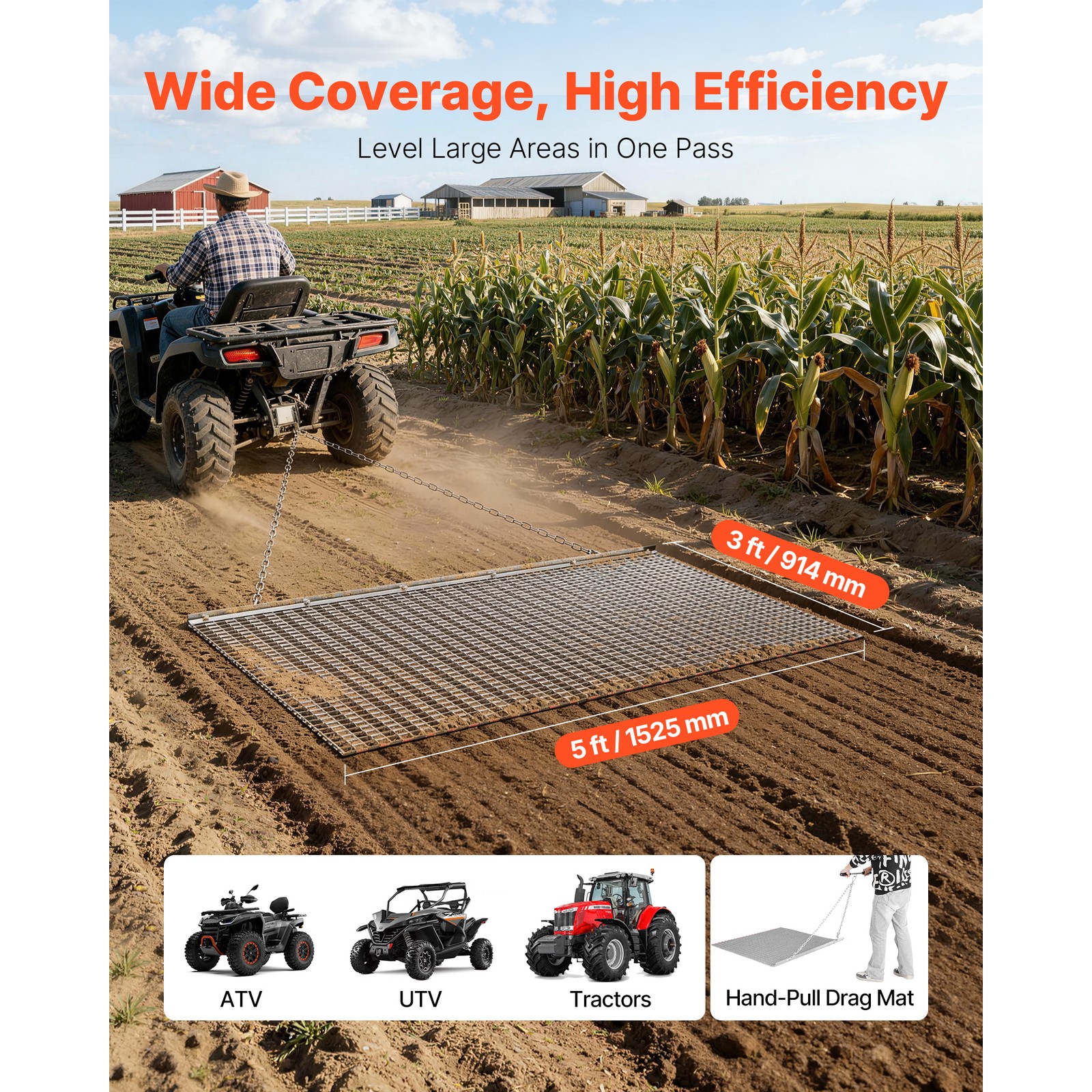 Uimoso 5 x 3 ft Chain Harrow Rake for ATV, UTV, and Tractor Use