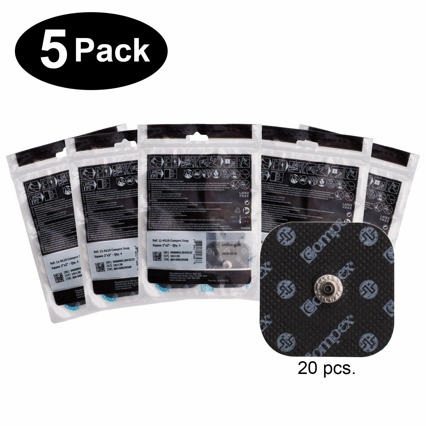 COMPEX EASY SNAP ELECTRODES 2IN X 2IN - 5 PACK (20 ELECTRODES) - BLACK