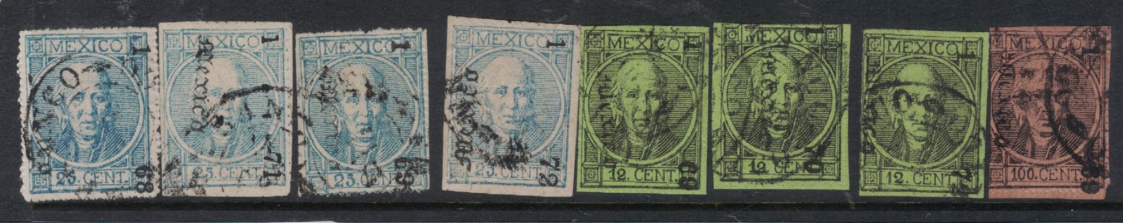 Mexico 1865 Lot SC 66 X3, 65 X4, 70 VFU (3frr)