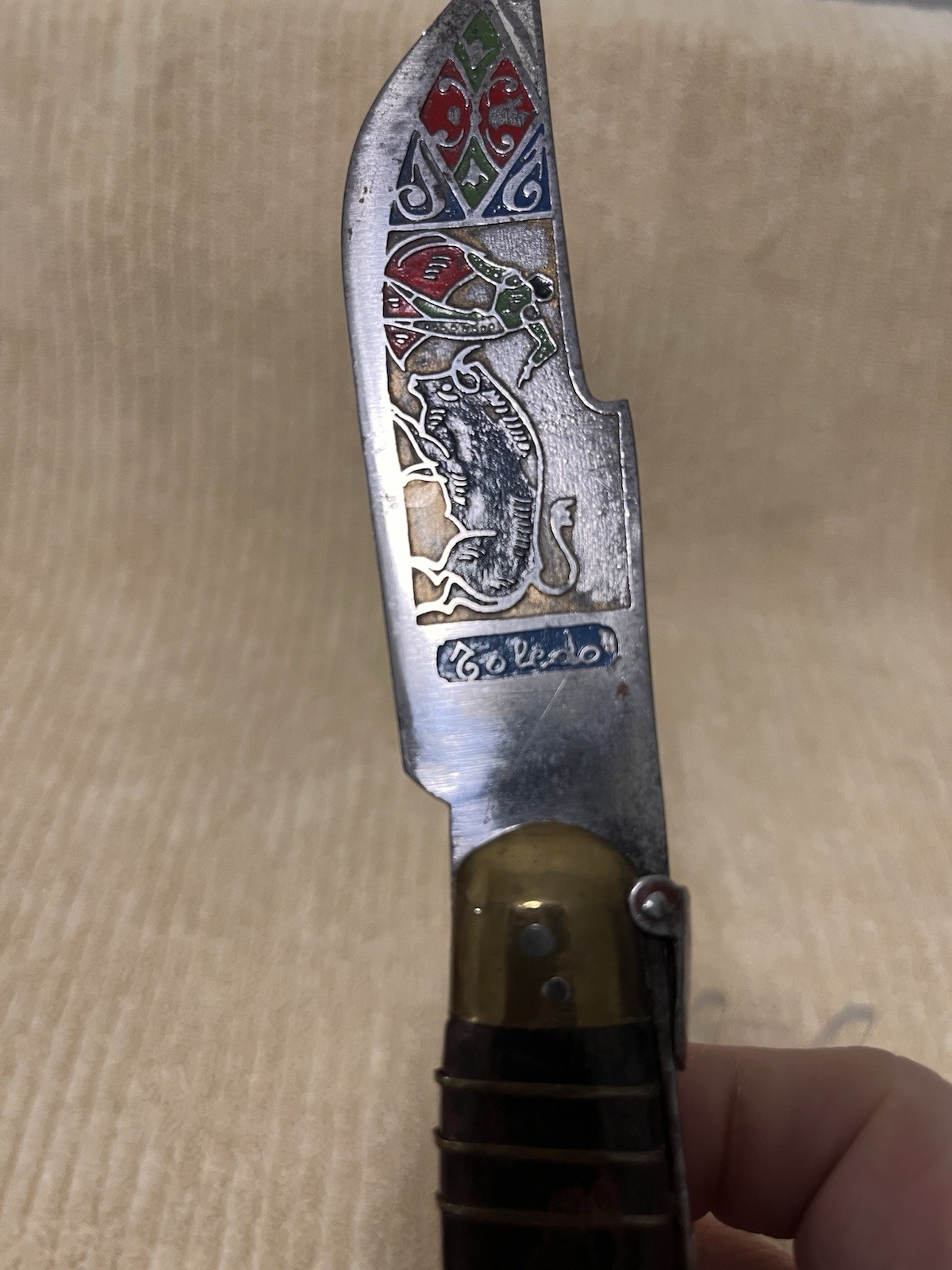 Rare Antique Spanish TOLEDO Color Etched Blade Horn Handle Knife