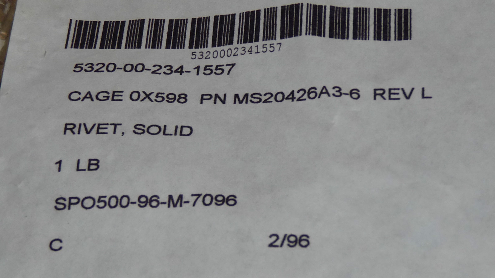 1/8 pound MS20426A3-6 Aluminum Aircraft 100 Deg Solid Rivets 3/32 d x 3/8 long