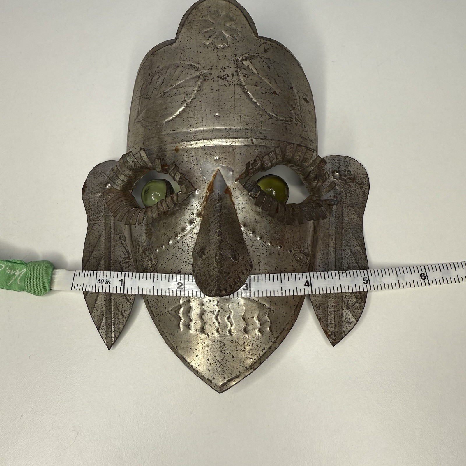 Mexican Tin Folk Art Face Mask Green Glass Eyes Wall Hanging Vintage Cultural