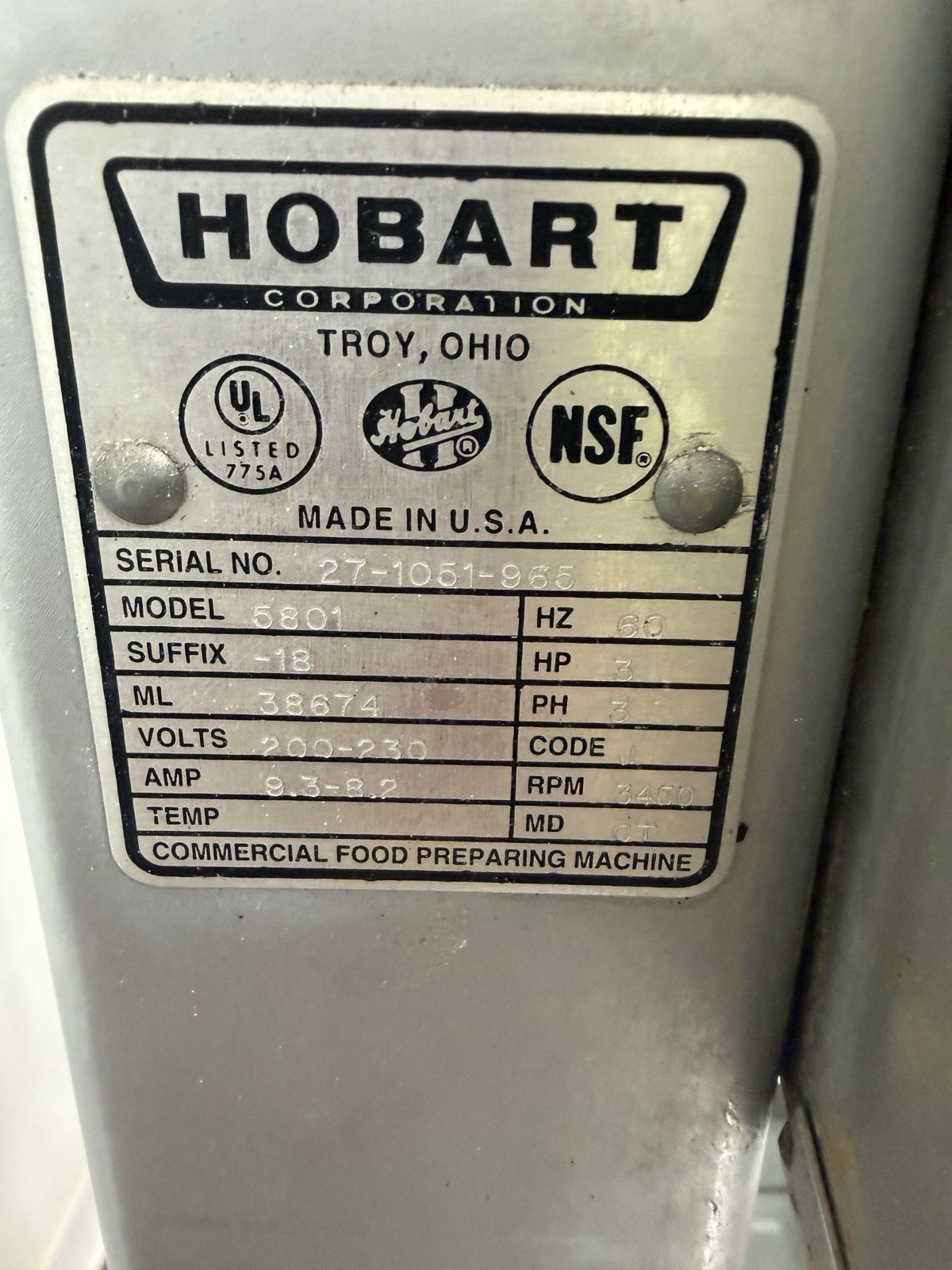 HOBART Commercial Vertical Meat / Bone Saw - 3 HP - 3PH - Model # 5801