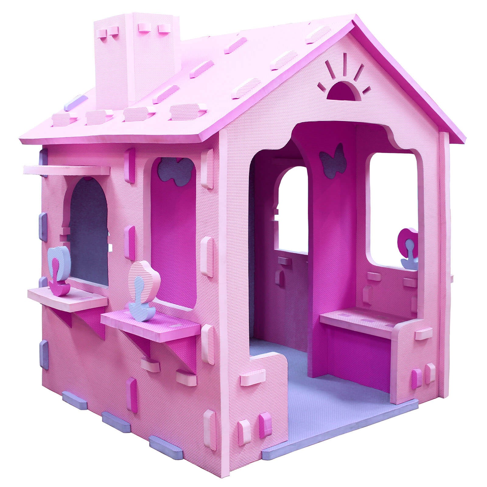 Kids EVA Foam Playhouse, Indoor Cottage Playset w/Roof Chimney Windows Doorways